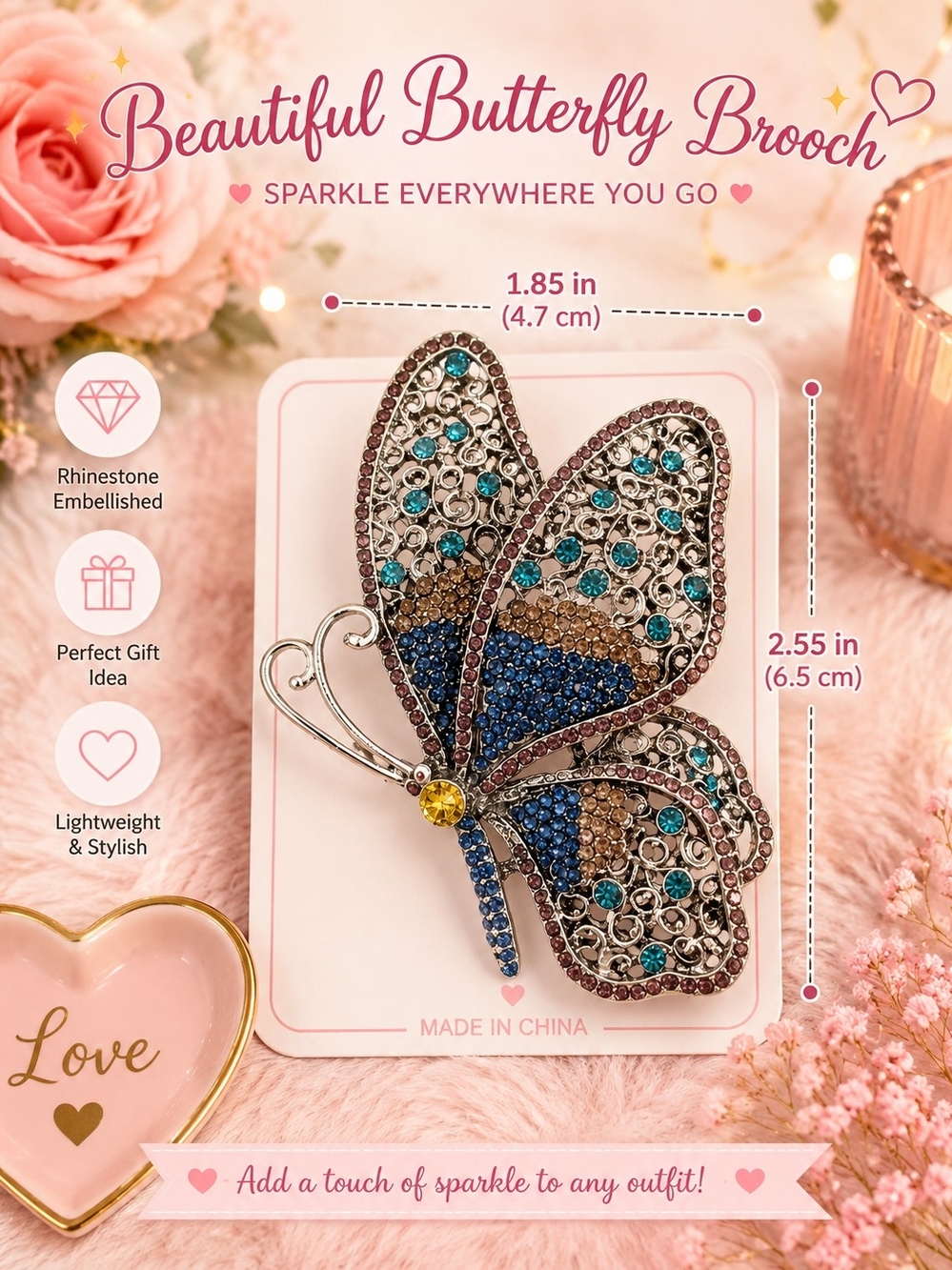Rhinestone Butterfly Brooch - Multicolor Sparkle Accent